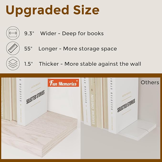 Floating Shelves 55 Inch Long, 55"W x 9.3"D Wall Shelf Invisible Bracket, 9.3 Inch Deep Floating Shelf for Wall, Rustic Wooden Shelves for Living Room, Kitchem, Bedroom, Brich Color, Set of 1