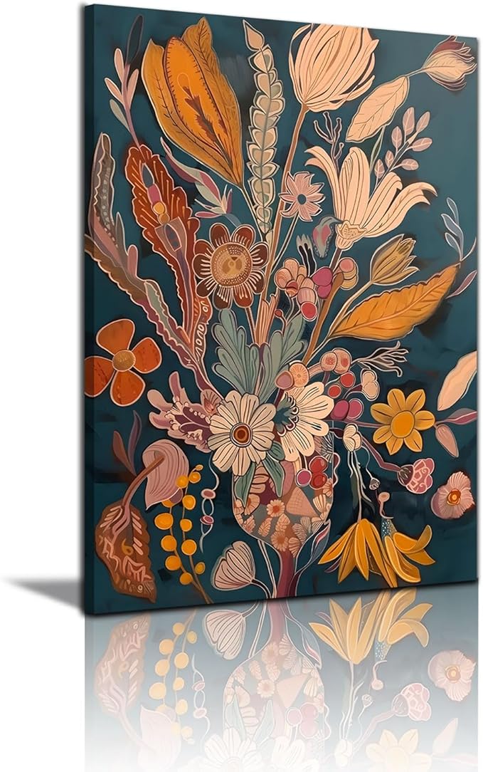 Boho Flower Canvas Wall Art Abstract Plant Wall decor pictures Orange Floral Poster Prints Mid Century Modern Flowers Painting For Living Room Bedroom Home Decorations (12inx16in canvas)