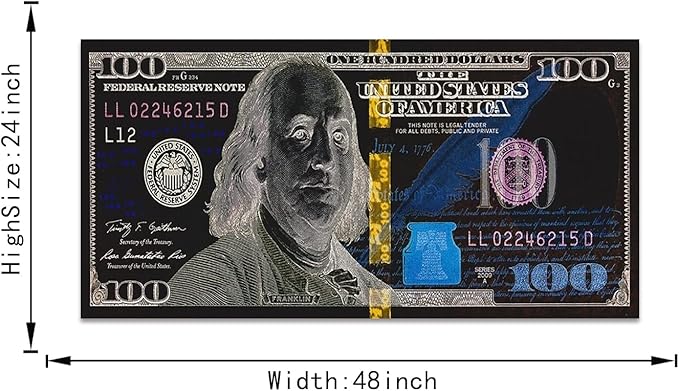 Large Size 1 Big Pcs Benjamin Franjlin 100 Dollar Canvas Wall Art Creative Motivational USD Money Artwork Office Home Decor for Walls Inspirational Gift for Men Gallery Wrapped Ready to Hang-48"Wx24"H