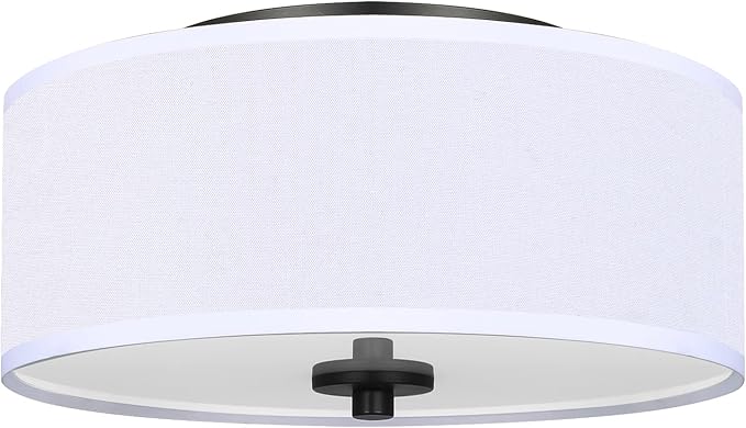 2-Light Flush Mount Ceiling Light Fixture, 12” Modern Close to Ceiling Light with White Fabric Linen Drum Shade, Round Ceiling Light for Bedroom Hallway Living Room Bathroom Dining Kitchen