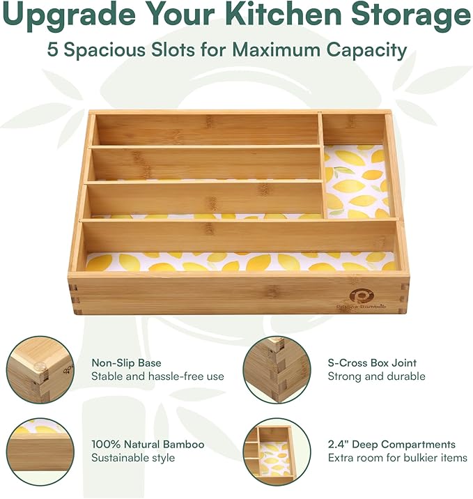 Kitchen Drawer Organizer - Silverware Organizer for Kitchen Organization & Storage, Utensil Holder & Bamboo Organizer for Kitchen Drawers, Kitchen Essentials, 5-Slot, Lemon Print