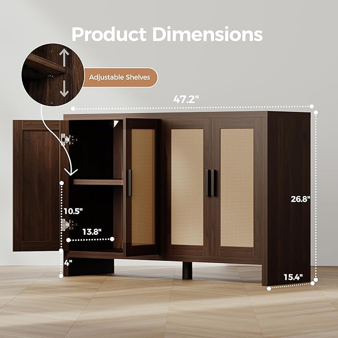 Rattan Buffet Cabinet with Storage, Sideboard Cabinet with Doors and Adjustable Shelves, Farmhouse Coffee Bar Station Table, Modern Wood Cupboard for Kitchen, Livingroom, Walnut
