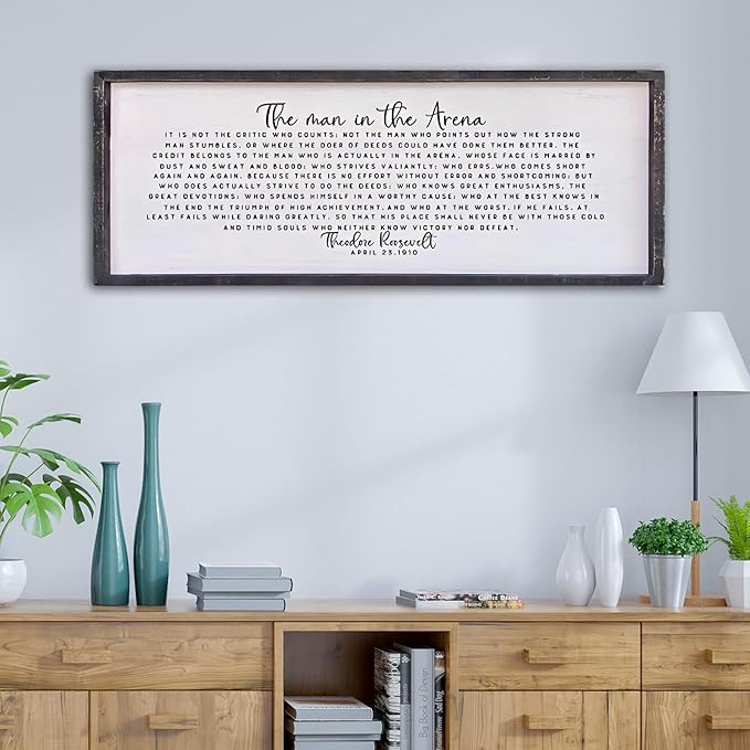Surfapans The Man In The Arena Wall Decor 40"x15" Morden Office Motivational Wood Framed Sign For Men Large Farmhouse Living Room Inspirational Quotes Positive Speech Home Wall Decoration (Black)