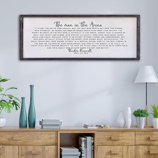 Surfapans The Man In The Arena Wall Decor 40"x15" Morden Office Motivational Wood Framed Sign For Men Large Farmhouse Living Room Inspirational Quotes Positive Speech Home Wall Decoration (Black)