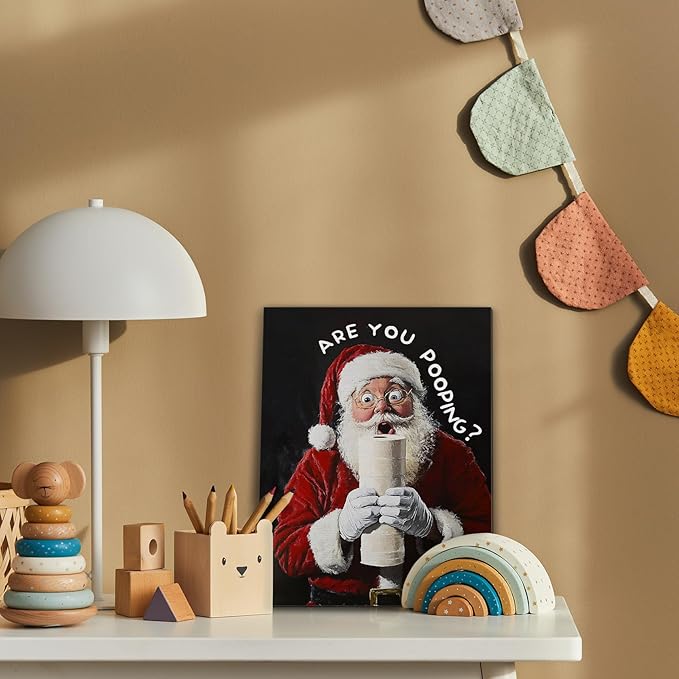 FITIE Black Christmas Santa Bathroom Canvas Wall Art Poster, Funny Are You Pooping Holiday Winter Christmas Framed Artwork Prints Wall Decor for Bathroom Washroom Restroom Toilet, 11x14 Inch