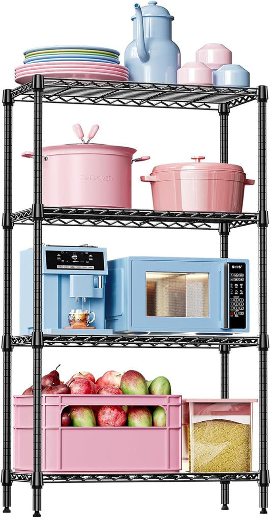 IZEUK 4 Tier Black Metal Storage Shelves, Heavy Duty Wire Shelving Rack for Garage, Kitchen, Bathroom, or Laundry Organization, 1000 lbs Capacity, 13.8" D x 35.4" W x 59.5" H