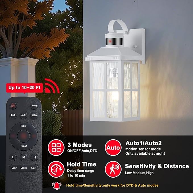 Porch Lights Outdoor with Remote Control: 2 Pack Motion Sensor Exterior Lighting Fixtures Intelligent 3 Lighting Modes Outdoor Wall Lights Sconce Lights for House Patio Front Door Garage