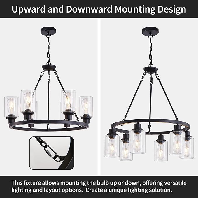 6-Light 24" Modern Farmhouse Chandeliers for Dining Room,Wagon Wheel Black Chandelier,Adjustable Height Hanging Round Pendant Lights for Kitchen Island Clear Glass Shade Ceiling Light fixtures