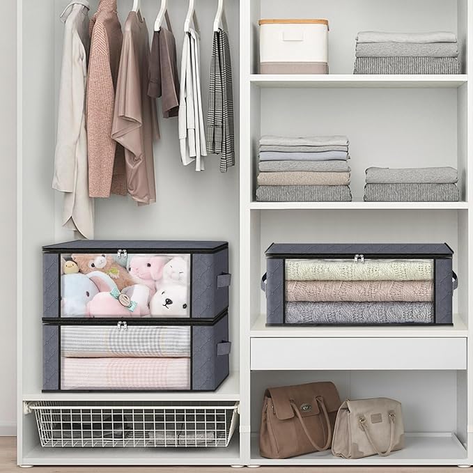 HomeHacks Storage 8-Pack Clothes Organizer Storage Bags Foldable Storage Box with Large Clear Window Sturdy Handles for Closet, Dorm, Pillows, Bedding, Clothes, Blankets, 35L, Grey