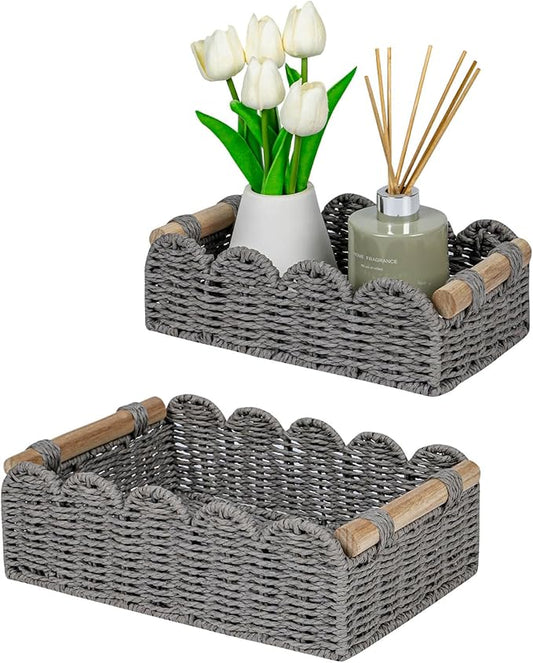 CubesLand Scalloped Edge Decor Baskets for Home, Living Room, Toilet Paper Storage Basket for Over Toilet Tank Top, Storage Shelf, Cute Small Paper Rope Baskets Both Storage&Decor, Set 2 Grey