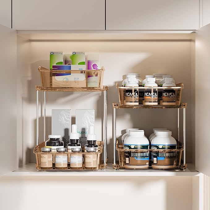 Delamu 2 Sets of 2-Tier Clear Under Sink Organizers and Storage, Multi-Purpose Stackable Bathroom Cabinet Organizers, Amber