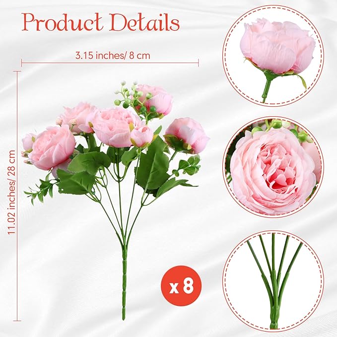 Geosar 8 Bundles Artificial Peonies Flowers Fake Silk Peony Bouquet Faux Peonies Flowers Bulk for Decoration Vase Florals Arrangements Wedding Party Table (Pink)