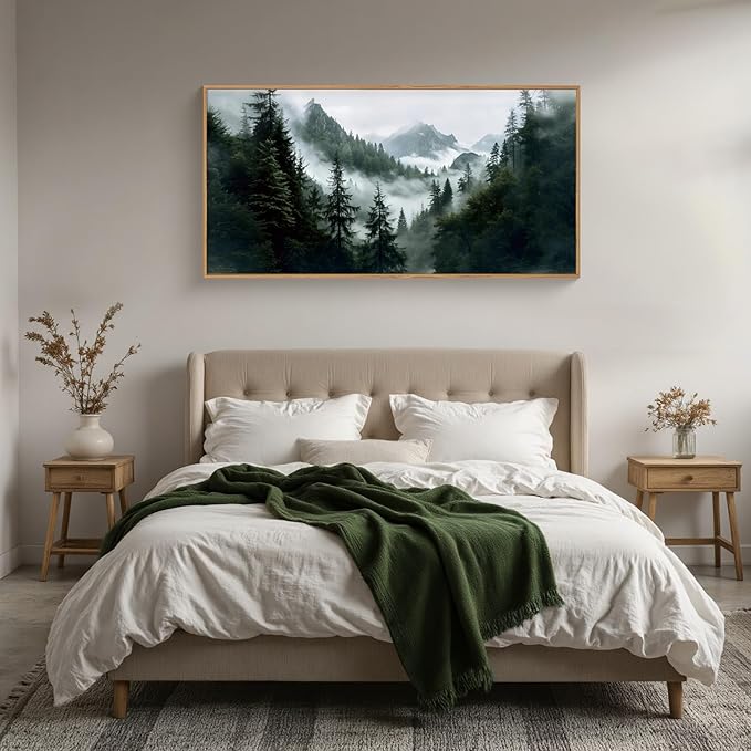 HOURIA Boho Forest Mountain Framed Canvas Wall Art Set,Nature Foggy Woodland Ridge Wall Decor,Misty Pine Tree Artwork,Sage Green Botanical Art Prints for Living Room, Bedroom, Farmhouse- 20"×40"×1