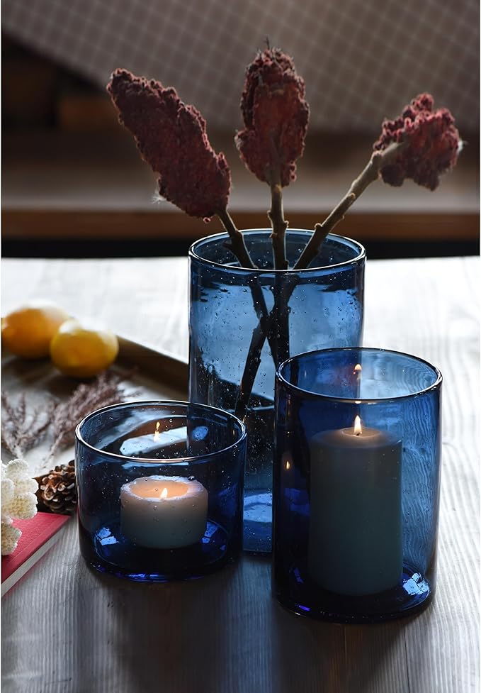 ARIAMOTION Glass Hurricane Candle Holders Bulk for Pillar Blue Seeded Bubbles Cylinder Table Centerpiece Modern Rustic Vases Home Decor 10" 7" 4" Set of 3