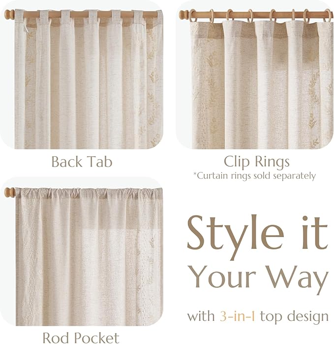 jinchan Belrose Linen Curtains for Bedroom Floral Curtains 72 Inch Length Linen Blend Ivory Embroidered Drapes Farmhouse Flower Patterned Drapes for Living Room Window Treatments Set 2 Panels