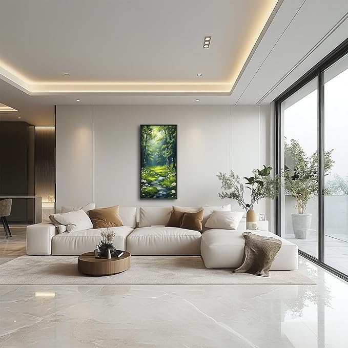 Green Forest Vertical Wall Art for Living Room, Large Tree Canvas Wall Decor, Daisy Flowers Pictures Framed Painting, Landscape Artwork for Bedroom Office Home Decor 60L'' × 30W''