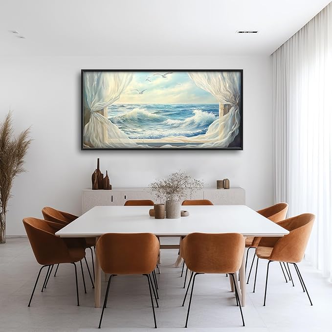 Beach Seagull Wall Art for Living Room, Large Coastal Canvas Wall Decor, Window Curtains Pictures Framed Painting, Landscape Artwork for Bedroom Office Home Decor 60L'' × 30W''