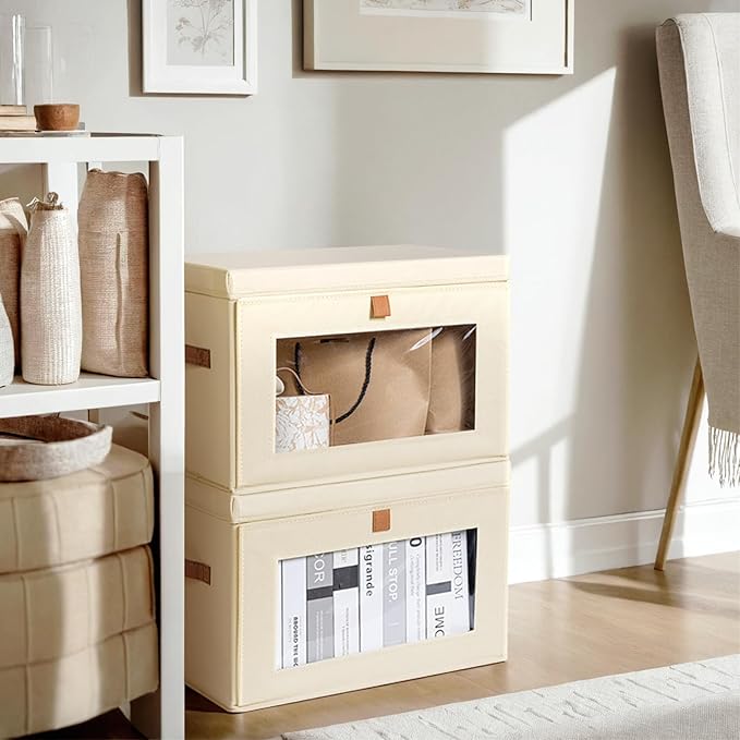 Large Closet Storage Bins - Collapsible Clothing Organizer with Handles & Window, Decorative Bin with Lids, Linen Closet Organizers for Living Room, Dorm, 6 Pack, Beige