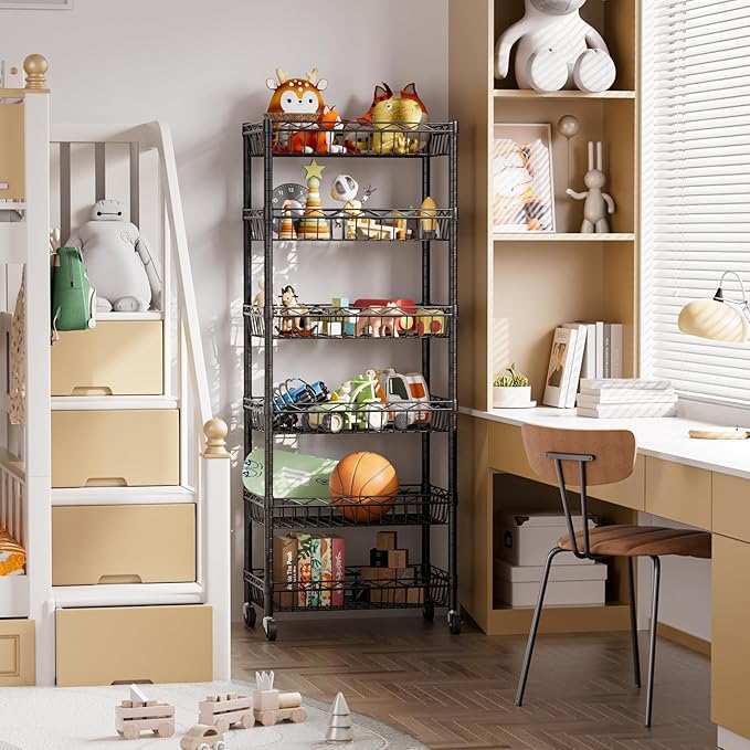 SINGAYE 6 Tier Basket Shelf Wire Shelving Unit Adjustable Storage Shelves Big Basket Rack for Garage Kitchen Office Pantry Corner 17" Dx12 Wx63 H Black