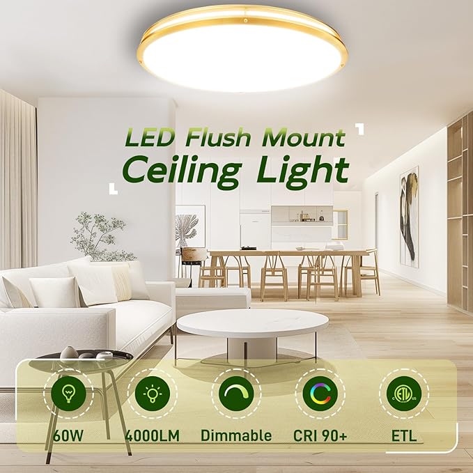 hykolity 32 Inch Oval LED Ceiling Light, 60W, 4000LM, 2700K/3000K/3500K/4000K/5000K Adjustable, Gold Finish Dimmable Flushmount Ceiling Light for Bedroom, Living Room