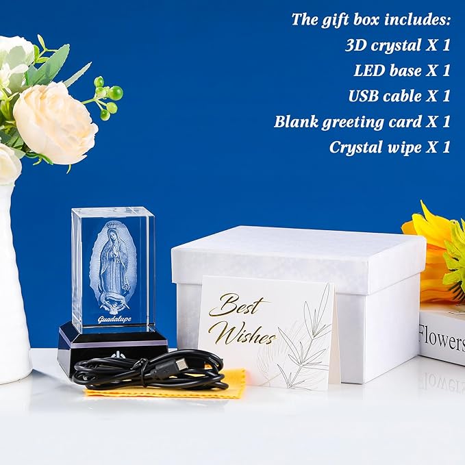 Movdyka 3D Virgen De Guadalupe Statues Decorations Religious Gifts for Women Laser Etched Crystal Our Lady of Guadalupe The Blessed Virgin Mary Glass Statues with Colorful LED Base