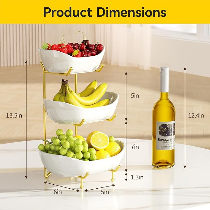 3 Tier Ceramic Fruit Bowl with Metal Stand – Tiered Fruit Stand for Kitchen Countertop, Serving Tray for Snacks, Nuts, Cakes, Desserts, Bread, Candy Storage, Gold