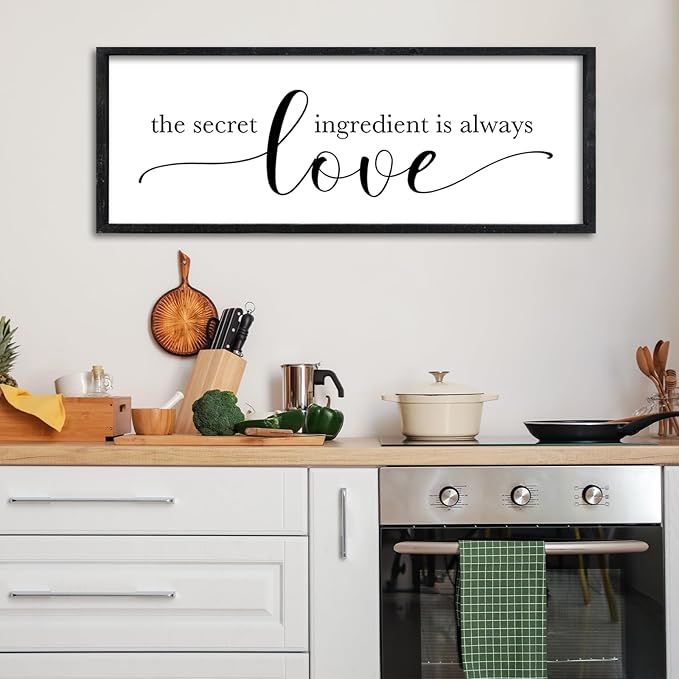 Surfapans The Secret Ingredient Is Always Love Sign Wall Art Decor 32"×12" for Kitchen Dining Room Large Wood Framed Hanging (Black)