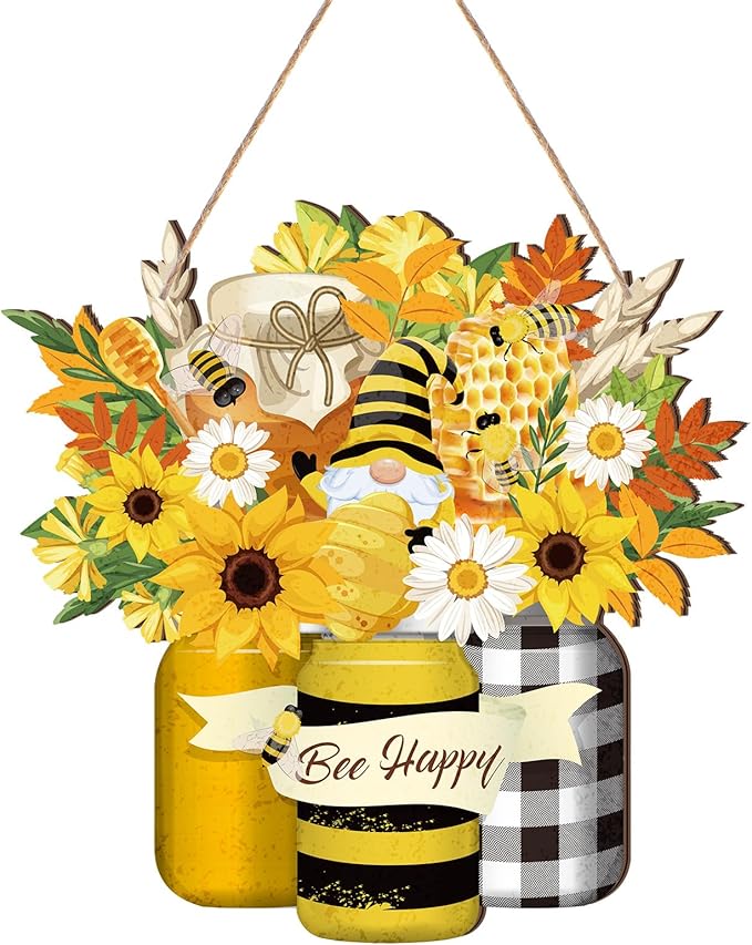 Bee Welcome Sign Wooden Yellow Bee Sign Bee Flower Gnome Wood Hanging Door Decor Farmhouse Porch Outdoor Front Door Decorations Supplies (Bee Style)