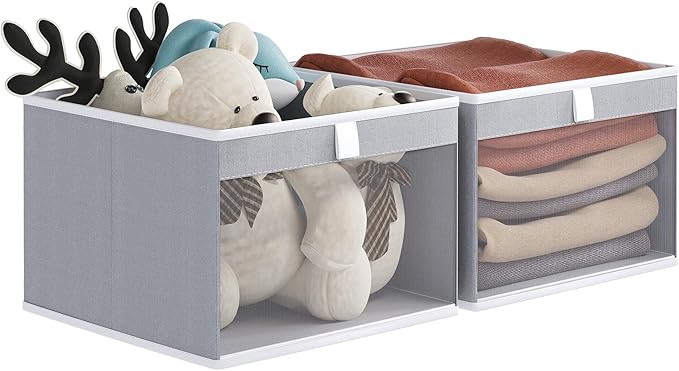 Linen Closet Organizers and Storage, Closet Storage Bins Basket Organizer, Foldable Organization Baskets with Mesh Window for Clothes Towels and Toys, 14.5" x 14.5" x 10.25", Gray, 2 pack