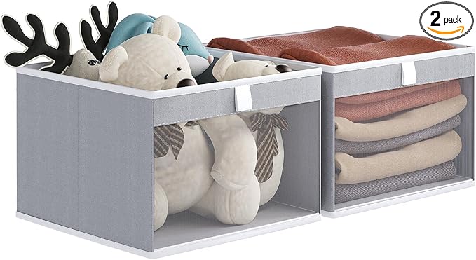 Linen Closet Organizers and Storage, Closet Storage Bins Basket Organizer, Foldable Organization Baskets with Mesh Window for Clothes Towels and Toys, 10.75" x 10.75" x 7.5", Gray, 2 pack