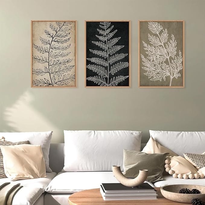 KAIRNE Botanical Fern Leaf Framed Wall Art set, Rustic Farmhouse Plant Wall Decor, Minimalist Black Tan Fern Leaf Wall Painting, Boho Modern Artwork for Living room, Bedroom, Farmhouse, 24"x36"x3