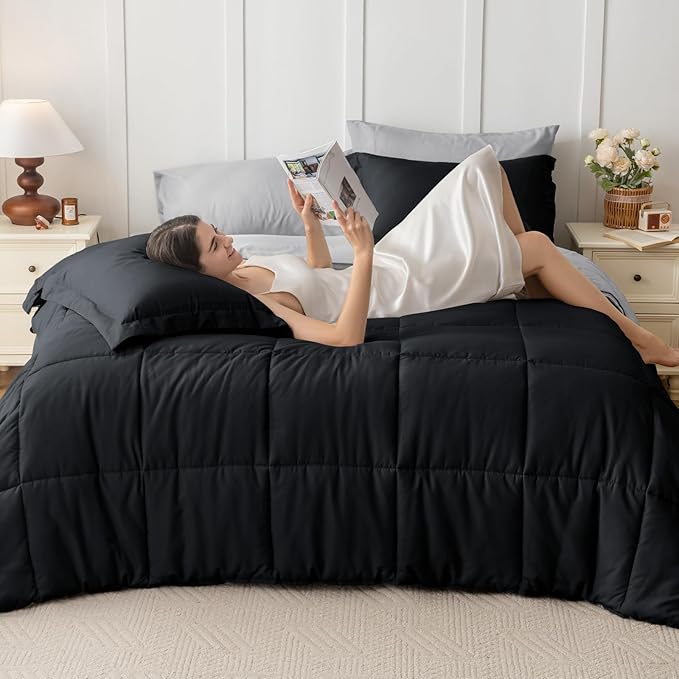 JOLLYVOGUE California King Comforter Set, Ultra-Soft Cal King Bed Comforter Set, 7-Piece Bed in a Bag, Goose Down Alternative, Oeko-TEX Certified, Sheets & Pillowcases, Black & Light Grey