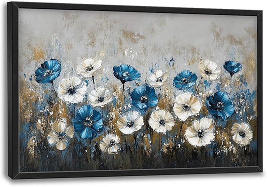 Flintis Large Blue and White Flowers Framed Wall Art Floral Pictures Wall Decor Abstract Landscape Canvas Painting Print Artworks Decor Framed for Living Room Bathroom Master Bedroom 36L X 24W