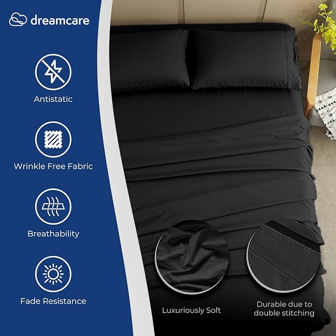 DREAMCARE Twin XL Sheet Set - Cooling Bed Sheets - 4pc Set - up to 15" Deep Pocket - Soft & Long Lasting 100% Fine Brushed Polyester with Side Pocket - Black