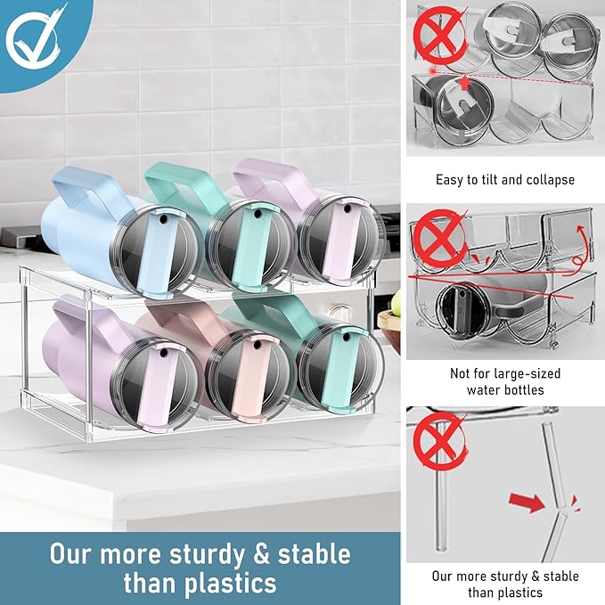 Water Bottle Organizer Stanley Cup Holder, 2-Tier Tumbler Storage, Stackable Water Bottle Holder for Kitchen Cabinet Pantry, Large Compartment fits 40 oz Tumblers, Stanley Accessories