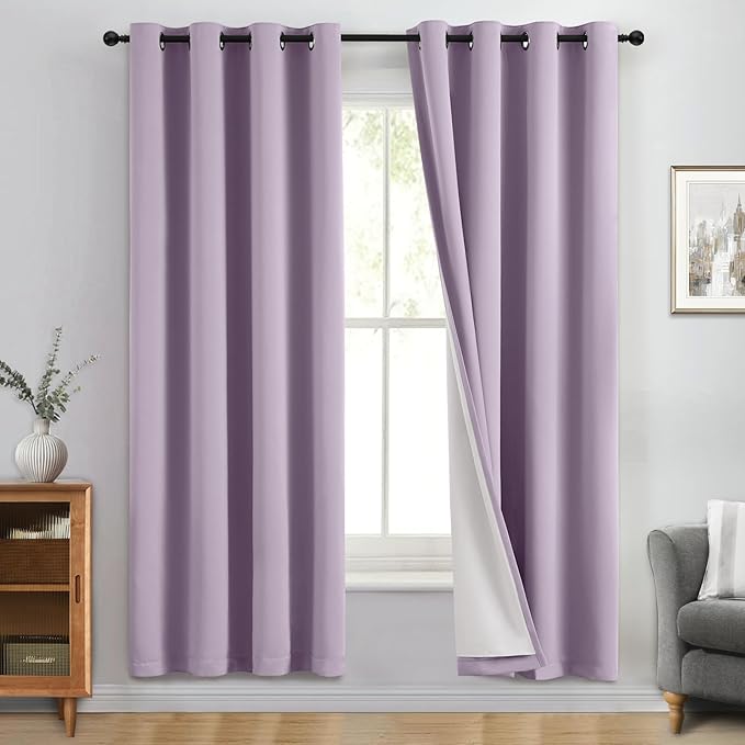 Yakamok 100% Blackout Curtain Panels 72 inches Cold and Light Blocking Drapes for Nursery, 2 Thick Layers Thermal Insulated Draperies (2 Pieces, 50 Wide Each Panel, Lilac Front with White Backing)
