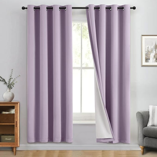 Yakamok 100% Blackout Curtain Panels 72 inches Cold and Light Blocking Drapes for Nursery, 2 Thick Layers Thermal Insulated Draperies (2 Pieces, 50 Wide Each Panel, Lilac Front with White Backing)