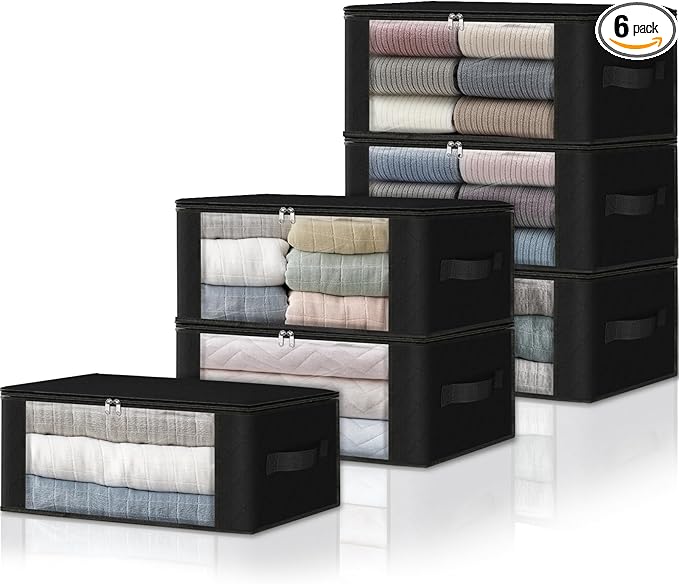 HomeHacks 6-Pack Clothes Organizer Storage Bags Foldable Storage Box with Large Clear Window Sturdy Handles for Closet, Dorm, Pillows, Bedding, Clothes, Stuffed Toys, Blankets, 35L, Black