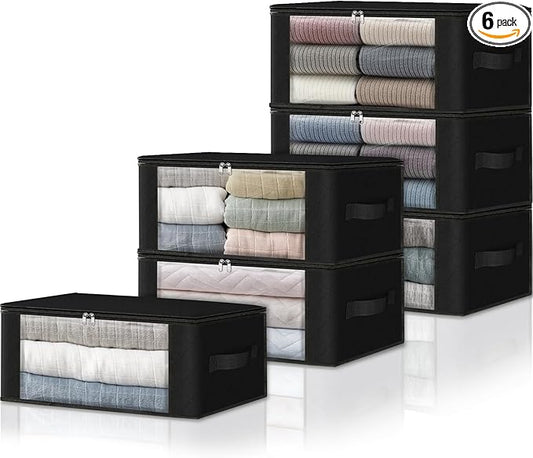 HomeHacks 6-Pack Clothes Organizer Storage Bags Foldable Storage Box with Large Clear Window Sturdy Handles for Closet, Dorm, Pillows, Bedding, Clothes, Stuffed Toys, Blankets, 35L, Black