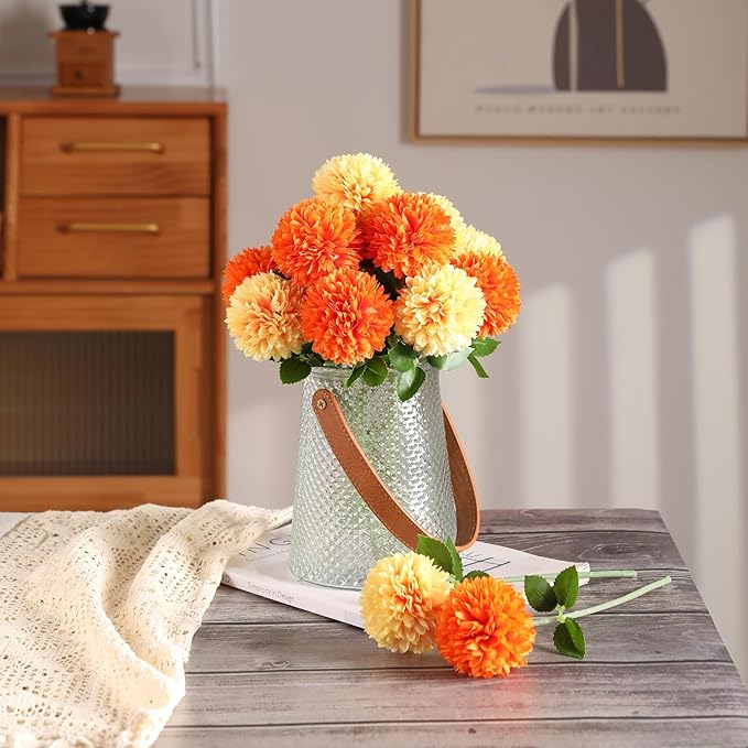 Floweroyal 24pcs Fall Flowers Artificial Chrysanthemum Ball Flower, Fake Mums Silk Hydrangea Flowers Bridal Wedding Bouquet for Home Garden Party Autumn Decor