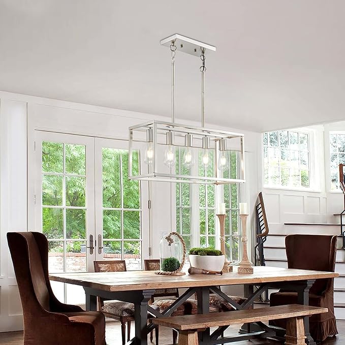 5-Light Pendant Lights for Kitchen Island Modern Dining Room Chandelier Linear Rectangular Kitchen Light Fixtures Hanging Lights for Dining Room Adjustable Height E26 Base Brushed Nickel