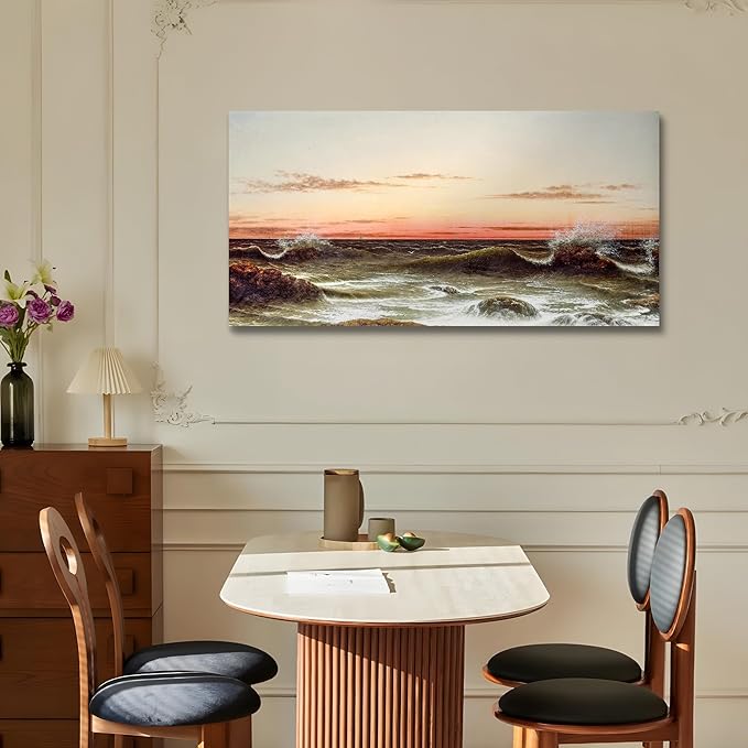 crmotu Vintage Large Wall Art, Ocean Sunset Canvas Art Prints, Coastal Landscape Nature Decor Artwork, Seascape Room Decorations Wall Pictures, Retro Paintings Wall Decor Living Room Bedroom 24"X48"