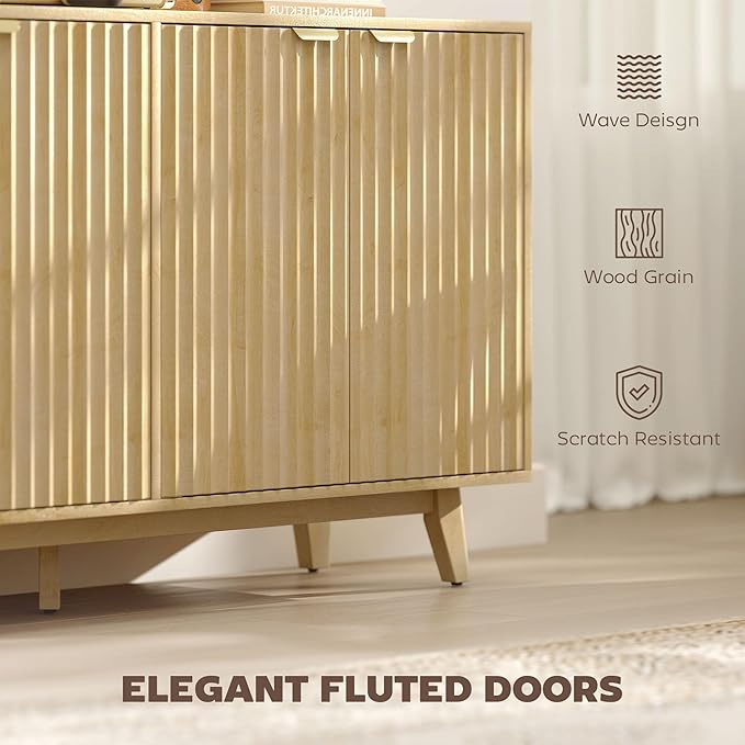 HOMCOM Fluted Sideboard Buffet Cabinet, 55" Modern Accent Console Cabinet with 4 Doors, 2 Adjustable Shelves and 5 Wood Legs, Oak