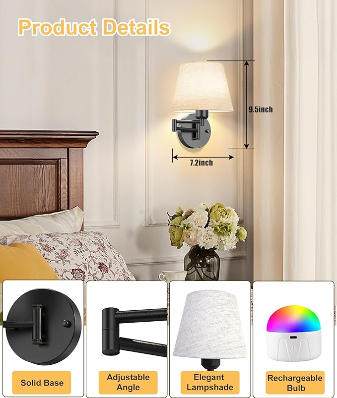 Battery Operated Wall Sconces Set of Two, Wireless Swing Arm Wall Lights with 10000mAh RGB Rechargeable Bulb and Remote Control, Sconces Wall Decor for Bedroom Living Room