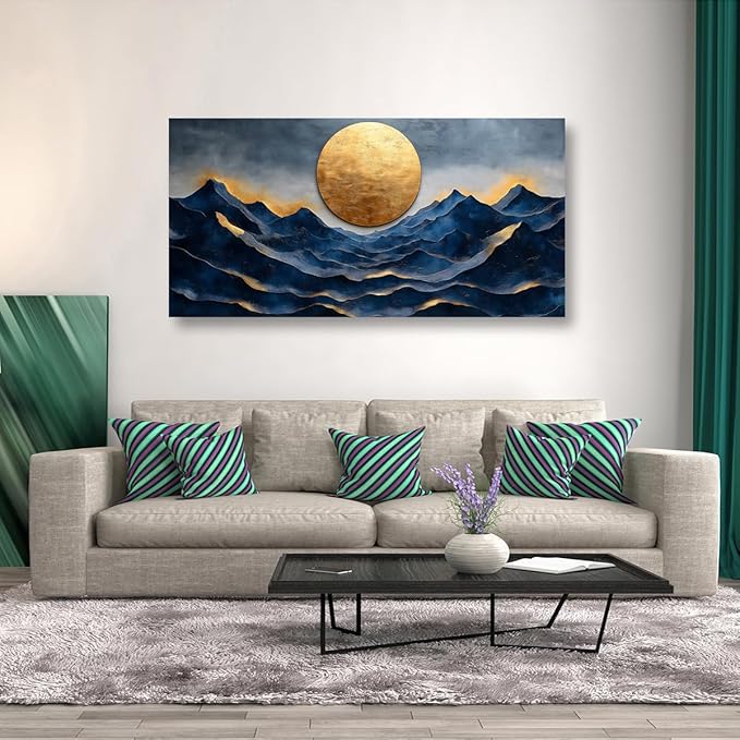 Golden Moon Pictures Canvas Wall Art for Living room Office Bedroom Wall Decor, Landscape Wall Art Print Paintings Modern Golden Blue Scenery Artwork Waterproof Ready to Hang-20x40inch