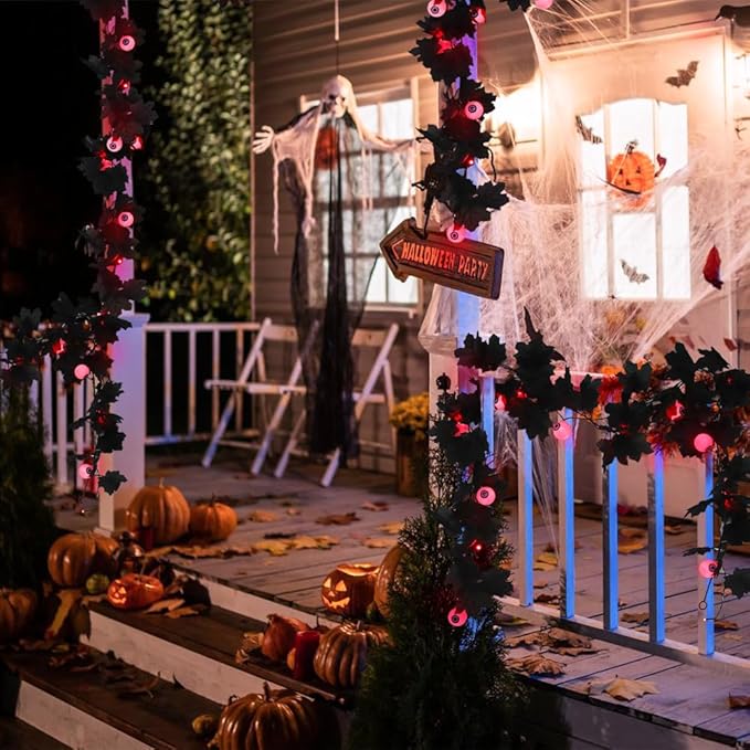 Black Garland with Red Eyes Lights Black Leaves Vine Fall Decor Artificial Autumn Garland Halloween Garlands for Indoor Outdoor Thanksgiving Home Fireplace Dinner Autumn Party(Red Eyes)