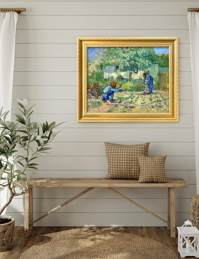 DECORARTS - First Steps, after Millet by Vincent Van Gogh. Giclee Print on Acid-Free Canvas in Gold Solid Wood Frame. Picture Size: 20x16, Total Size: 24.75x20.75, Made in USA
