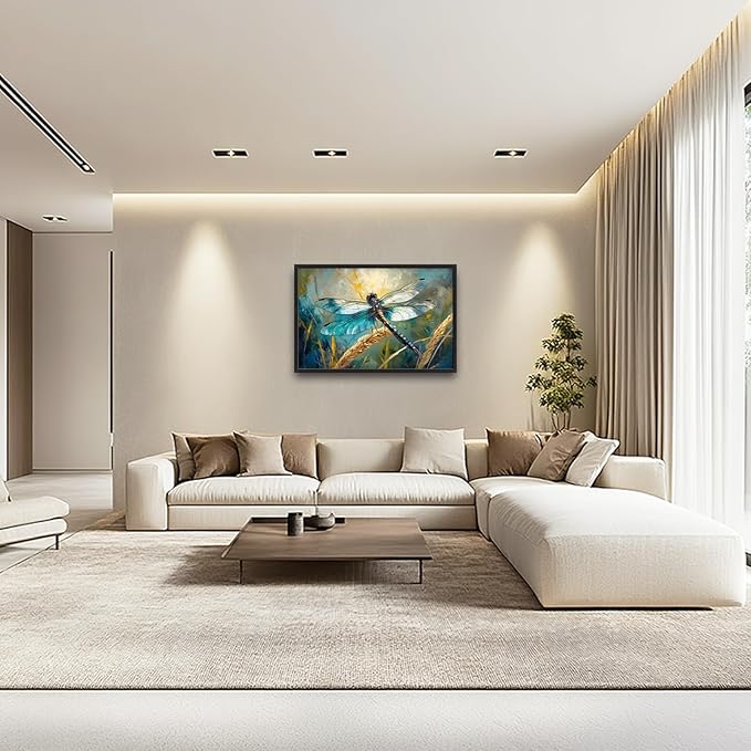 Olivine Dragonfly Wall Art, Vintage Dragonfly Pictures Wall Decor, Nature Painting, Insect Canvas Prints, Framed Artwork for Bathroom Bedroom Living Room Office Home Decoration 36"x24"