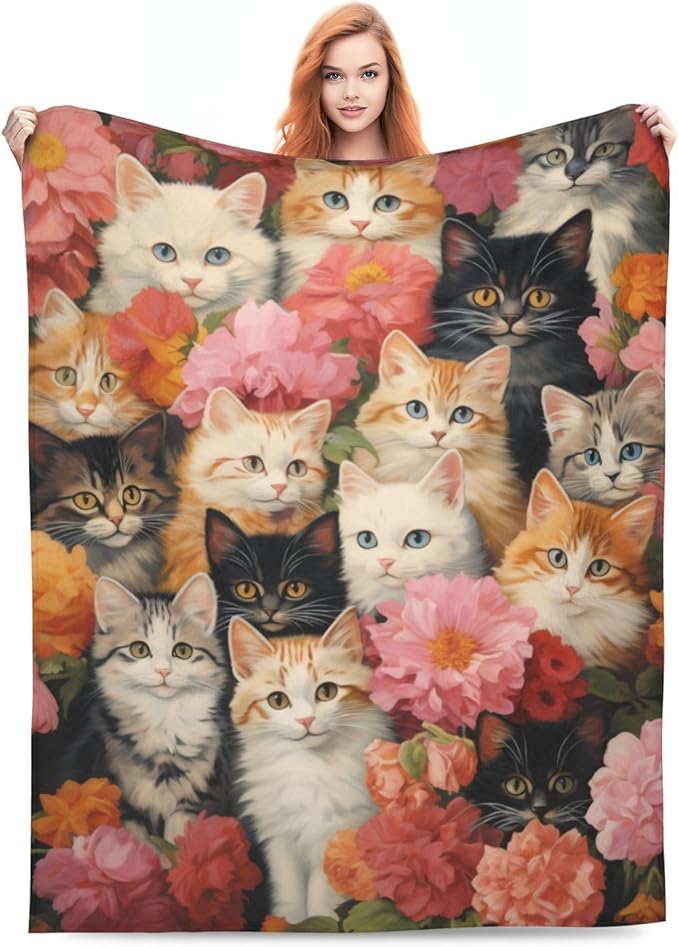 Cute Cat Blanket for Floral Lovers Grils Women Kitten Flower Flannel Throw Blankets for Home Couch Bed Sofa Soft Cozy Lightweight Decor All Season 60x50 Inches