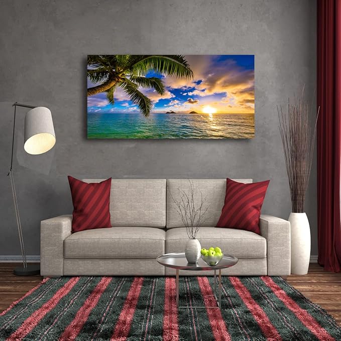 Seascape Sunset Pictures Canvas Wall Art For Living Room Bedroom Wall Decor,Palm Wall Art Print Paitnings For Home Decor,Morden Artwork Coconut Tree Canvas Art Waterproof Ready To Hang-20X40Inches
